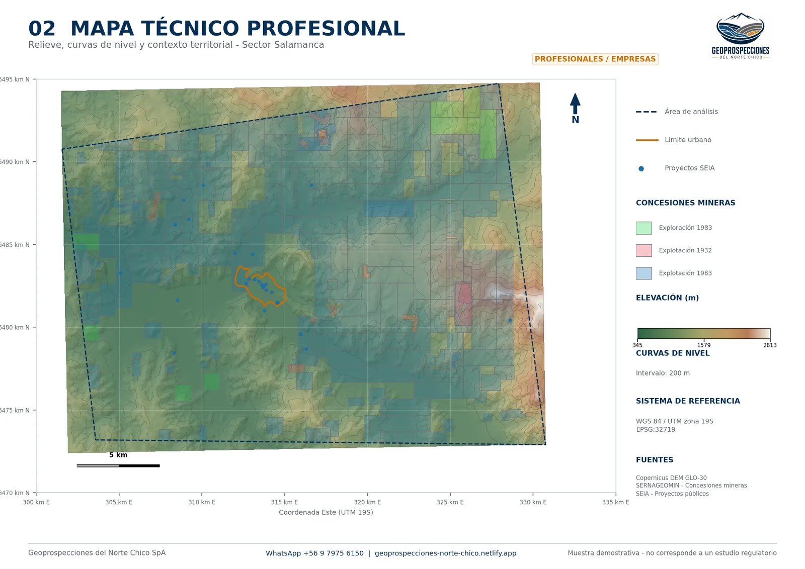 Ejemplo de mapa técnico profesional con relieve, curvas de nivel, concesiones y referencias cartográficas